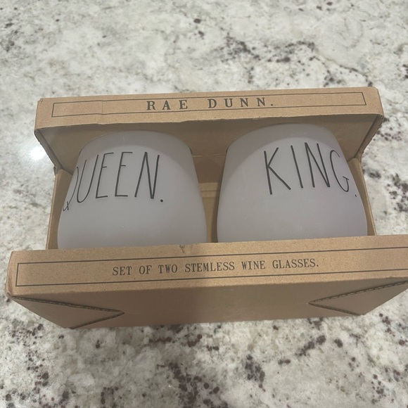 Rae Dunn new cup set says king and queen.  Can be used as stemless wine glasses - Picture 1 of 3